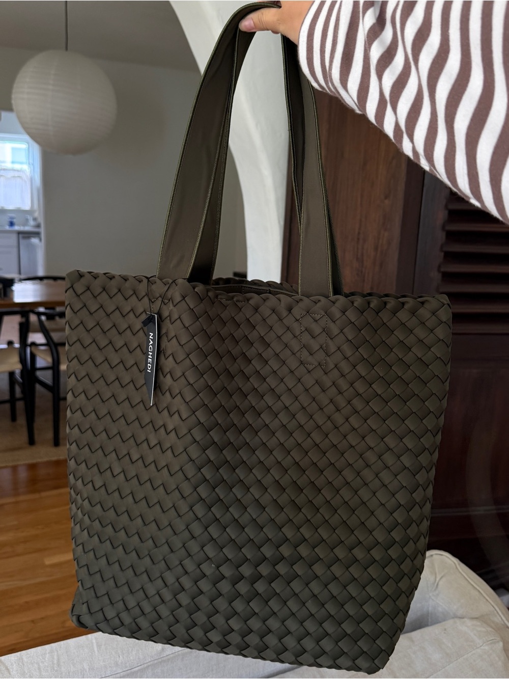 Naghedi Como Shopper Tote Olive Green Woven Tote NEW